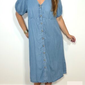 Sukienka midi denim H&M Mama w kolorze niebieskim z bufiastymi rękawami i guzikami na przodzie, fason luźny szmizjerka, rozmiar L